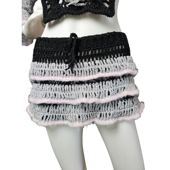 Handmade Crochet Mini Skirt – Black, Gray & Pink Ruffle Knit - Picture 1 of 8